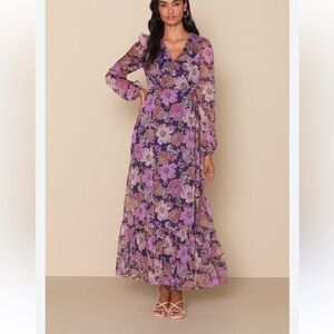 LULUS WOMENS PURPLE FLORAL FEELING SWEET WRAP MAXI DRESS LARGE